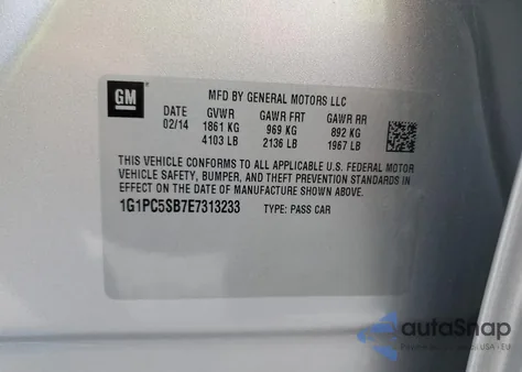 2014 Chevrolet Cruze Lt из США, поврежденный, VIN 1G1PC5SB7E7313233